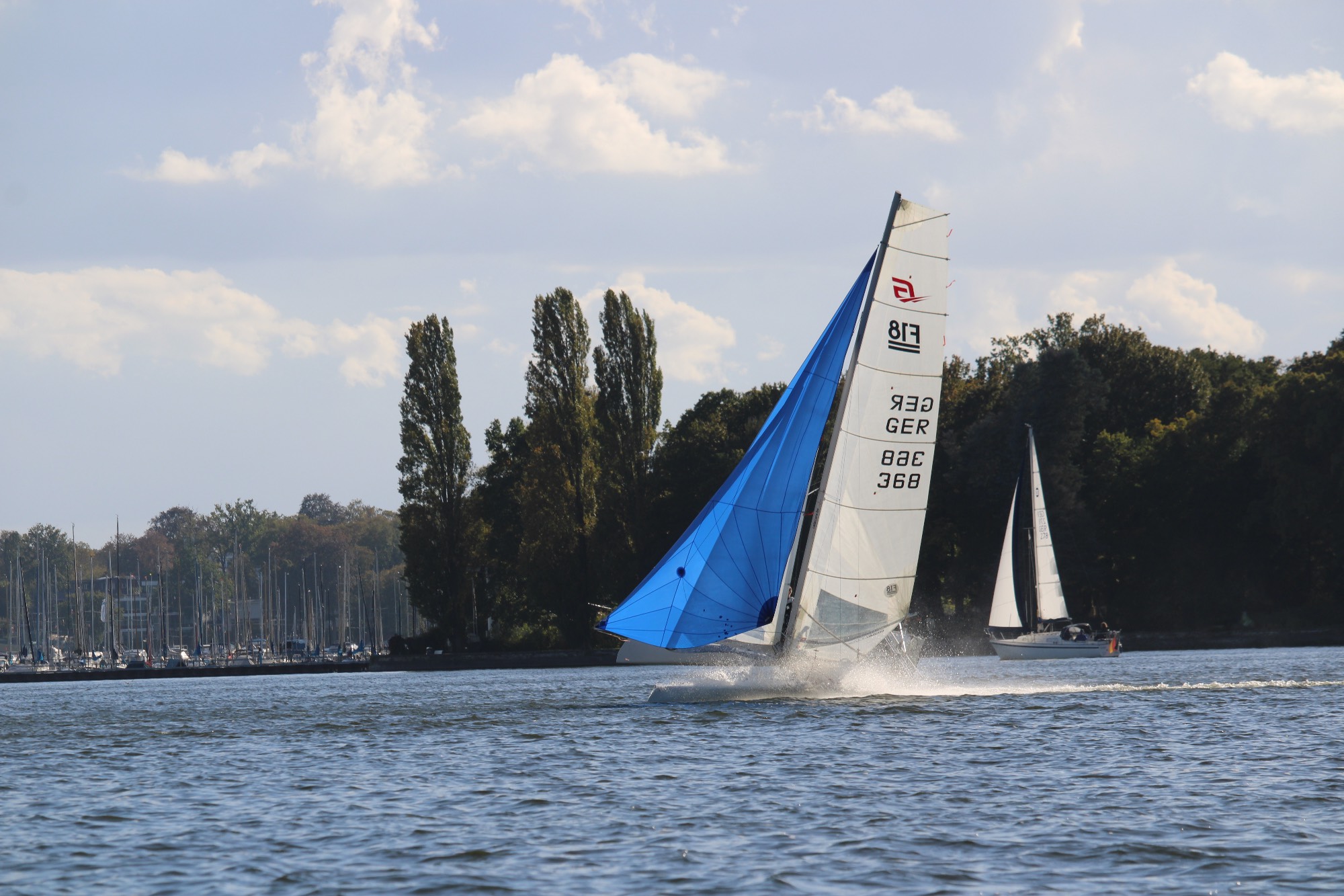 Formula-18-Katamaran GER 368 unter blauem Gennaker auf dem Wannsee, ein Rumpf hebt ab, dahinter Pappeln und ein Yachthafen